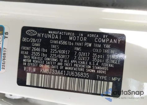 2018 Hyundai Tucson Sel Plus z USA, uszkodzony, nr VIN KM8J33A41JU636835